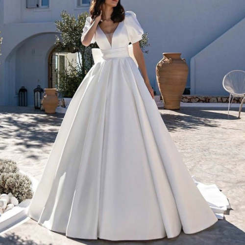 White Satin Short Sleeves With Pockets Wedding Dresses WD4000