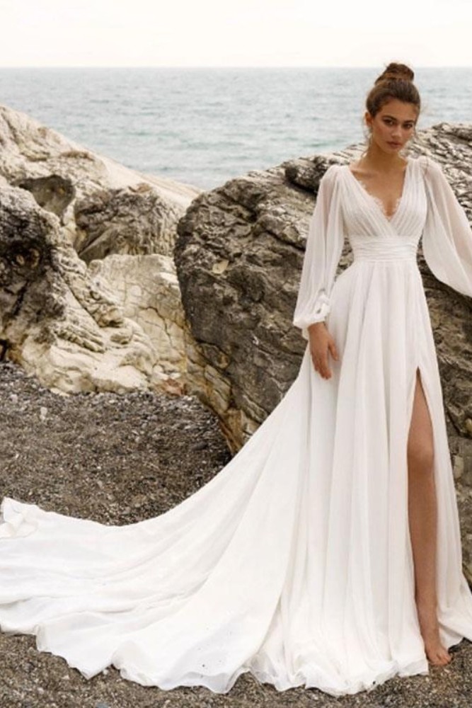 V-neck draped wedding dress