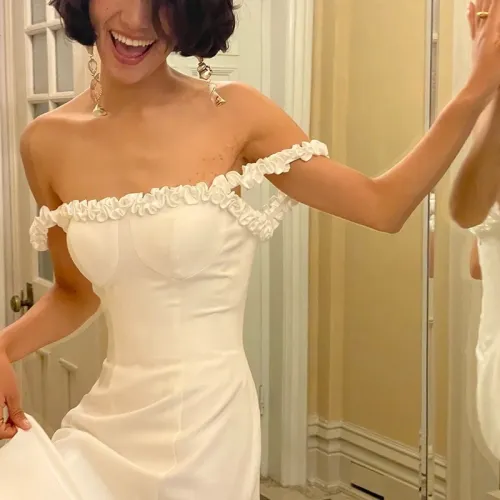 One shoulder White Stain Wedding dress