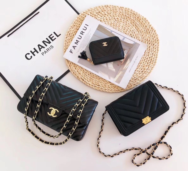 CHANEL Black Fashion Aged Calfskin Zipper & Hasp Chains Genuine Leather Women's Handbags Clutches Wallet  Combination Bags