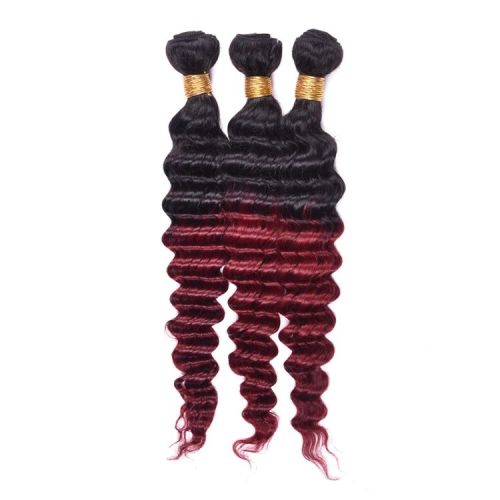 Wholesale New Arrival Ombre Color 1B/Burgundy# Deep Wave Raw Unprocessed Indian Virgin Temple Hair Bundles