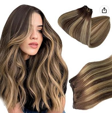 Human hair Corset hair curtain straight Sewn Human hair braid Balayage Color #4 dark brown and #27 Caramel gold double curtain extensions Thick hair