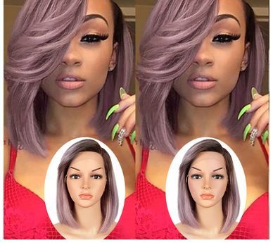 Natural Straight Bob T Lace Front Human Hair Wig With Bangs For Women Colored Glueless Brazilian Remy Hair Purple