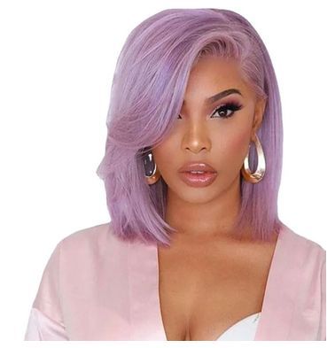 Natural Straight Bob T Lace Front Human Hair Wig With Bangs For Women Colored Glueless Brazilian Remy Hair Purple