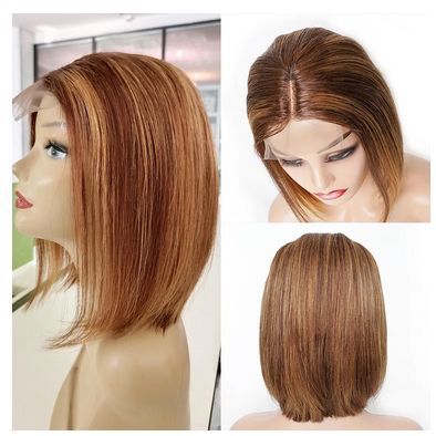 Brazilian Virgin Hair Pre-Plucked Natural Hairline Highlighted Short Style Bob Wig 4x1 T Middle Part Straight Human Hair Wigs