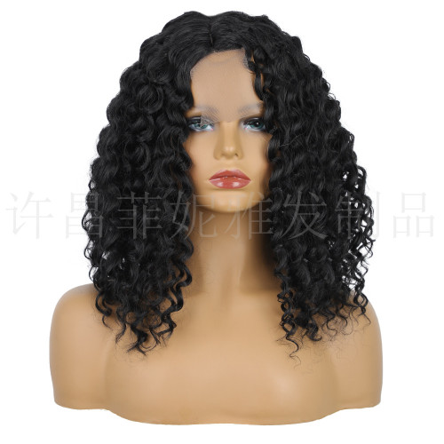 Europe and the United States wig small roll black wig fluffy afrix partial forehead lace full head set wholesale manufacturers supply