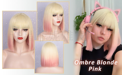 Machined European and American wig with bangs BOBO head colorful short straight hair cosplay wig