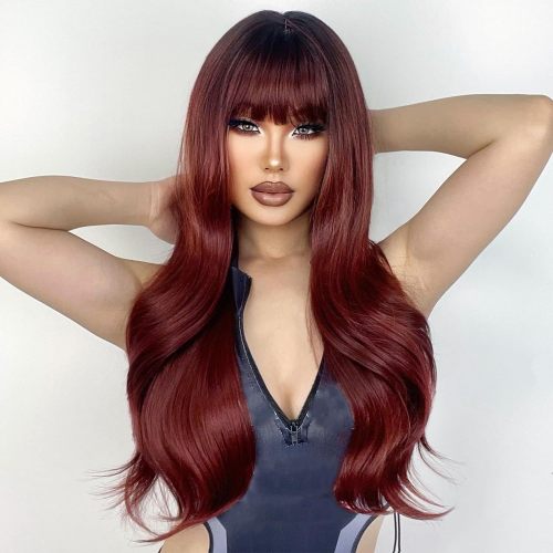 European and American wig wine-red long curly hair with bangs big wave wig woman whole wig manufacturers supply