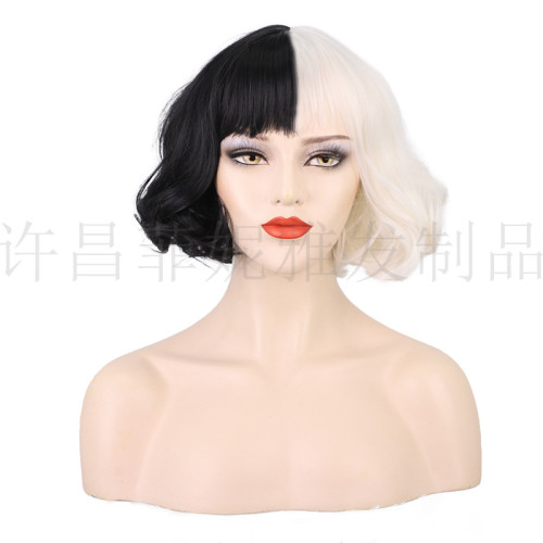 Wig Euro-American black and white wig Cruella de Vil short curly hair cosPlay
