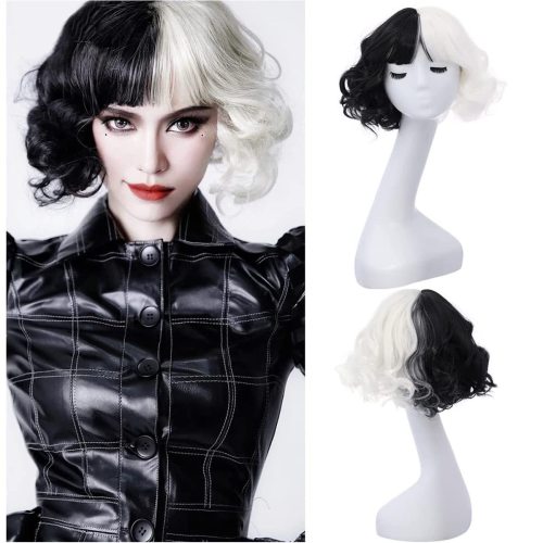 Wig Euro-American black and white wig Cruella de Vil short curly hair cosPlay