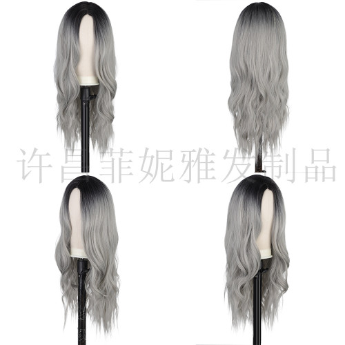 Europe and the United States wig gray long curly hair in the distribution of sewing mechanism simulation scalp wave roll manufacturers wholesale supply