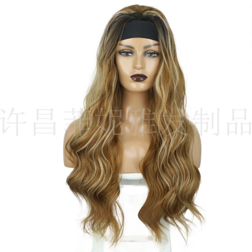 Headscarf wig big wave strap head set chemical fiber long curly hair factory goods direct