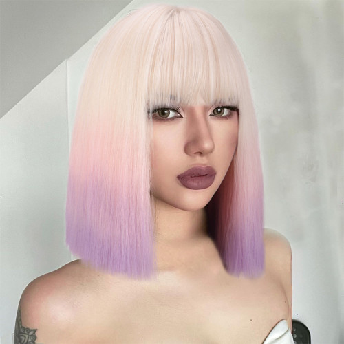 BoBo colored wig short straight hair with bangs wig female chemical fiber head set manufacturers wholesale
