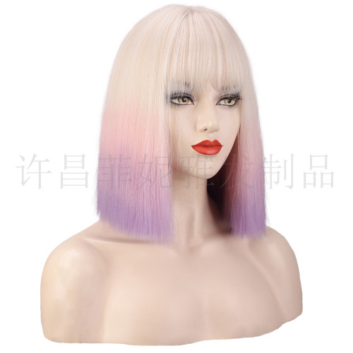 BoBo colored wig short straight hair with bangs wig female chemical fiber head set manufacturers wholesale