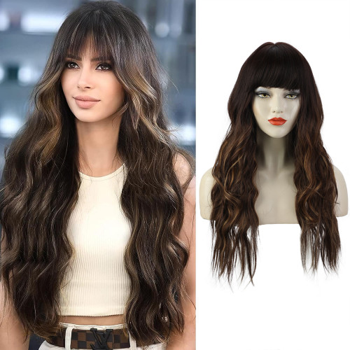 European and American wig long curly Hair with fringe mechanism chemical fiber wig water ripple full head set hair manufacturers wholesale