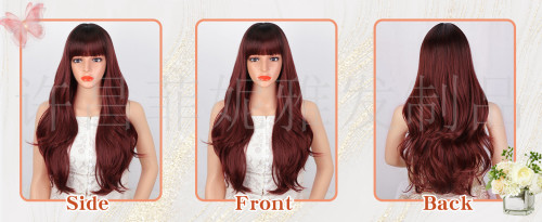 European and American wig wine-red long curly hair with bangs big wave wig woman whole wig manufacturers supply