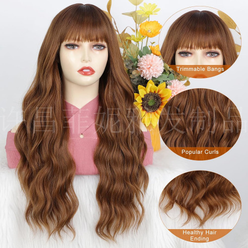 New European and American wig with bangs wig women's big waves long curly hair chemical fiber head set wig