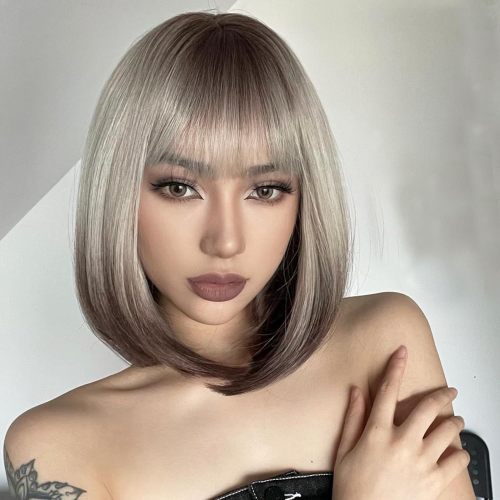 Europe and the United States wig short straight Hair inside buckle BOBO head collarbone hair, bangs gradually discolored full head set hair manufacturers supply