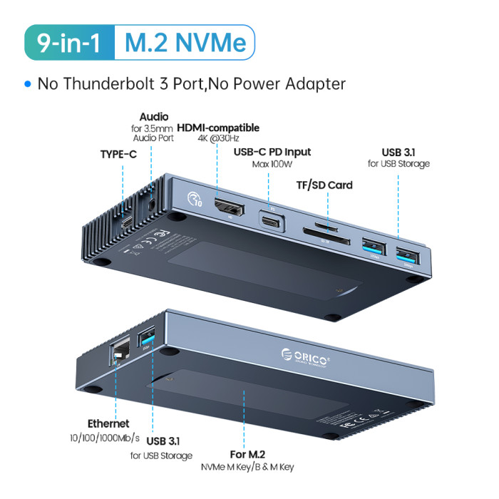ORICO M.2 NVMe NGFF SSD Case with Thunderbolt 3 Dock Station Splitter Type C USB USB3.1 40Gbps Adpter HDMI-compatible SATA HUB