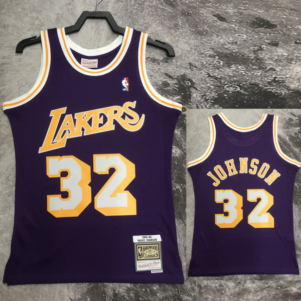 1984-85 LAKERS JOHNSON #32 Purple Retro Top Quality Hot Pressing NBA Jersey(圆领）