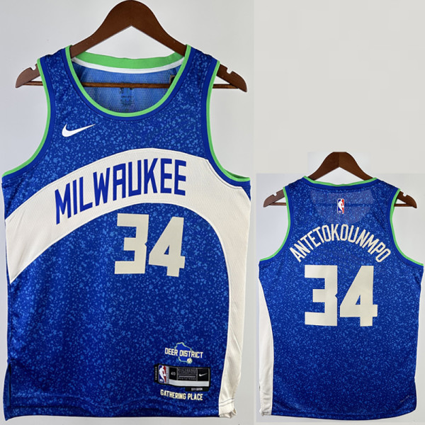 2023-24 BUCKS ANTETOKOUNMPO #34 Blue City Edition Top Quality Hot Pressing NBA Jersey