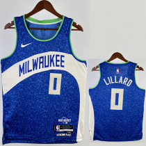 2023-24 BUCKS LILLARD #0 Blue City Edition Top Quality Hot Pressing NBA Jersey(V领)