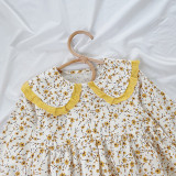 Spring Cotton Doll Collar Pastoral One Piece Korean Style Vintage Midi Sleeve Long Floral Girls Elegant Dresses From 2 To 7 Year