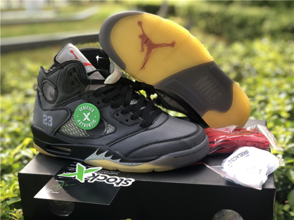 Authentic Off-White x Air Jordan 5 Black/Muslin-Fire Red