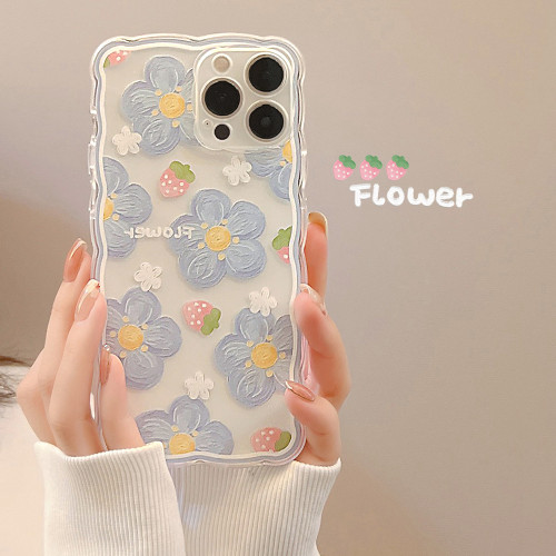 Fashion Art Blue Flower Strawberry Cute Phone Case For iPhone 14 13 Pro Max 11 12 Mini X XR 7 8 Plus XS Silicone Soft Back Capa