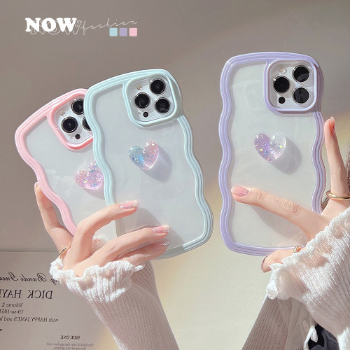 3D Colorful Crystal Love Heart Transparent Phone Case For iPhone 14 13 12 11 Pro Max X XR XS Wavy Soft Shockproof Bumper Cover