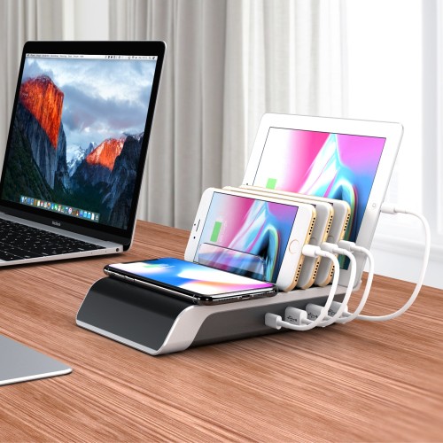 Desktop Wireless Charging Station 5 in 1 Multiple Charger Organizer Stand with 4 USB Ports Suitable for iPhone for iPad Charging
