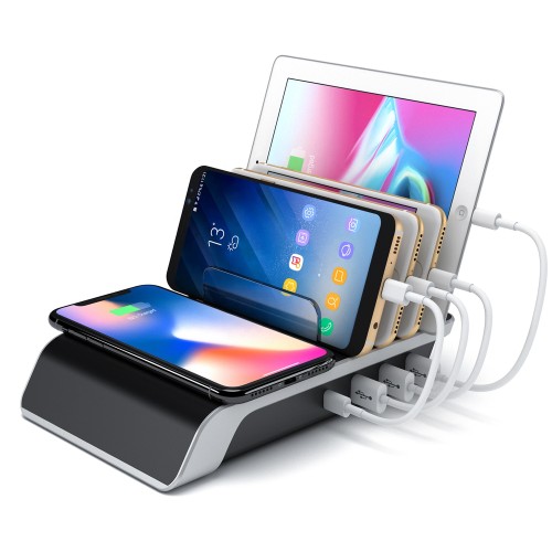 Desktop Wireless Charging Station 5 in 1 Multiple Charger Organizer Stand with 4 USB Ports Suitable for iPhone for iPad Charging