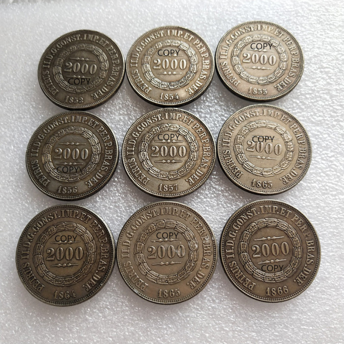 1853-1867 Brazil 2000 Ries Silver Plated Copy Coins