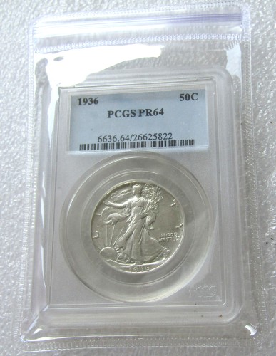 PCGS 1936 PR64 50C  Walking Liberty Half Dollar Coin Transparent Box