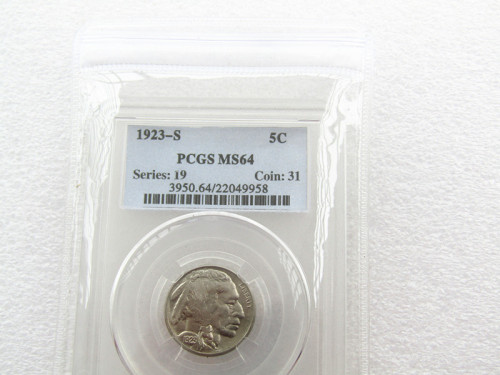 PCGS 1923-S  MS64 5C  Buffalo Nickel Five Cents  US Coin Transparent Box