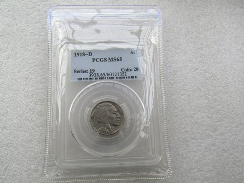 PCGS 1918-D  MS65 5C  Buffalo Nickel Five Cents  US Coin Transparent Box
