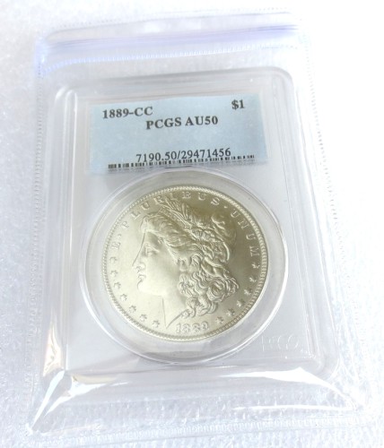 PCGS 1889-CC AU50 $1 Morgan Dollar Coin Transparent Box