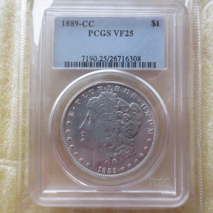 PCGS 1889-CC VF25 $1 Morgan Dollar Coin Transparent Box