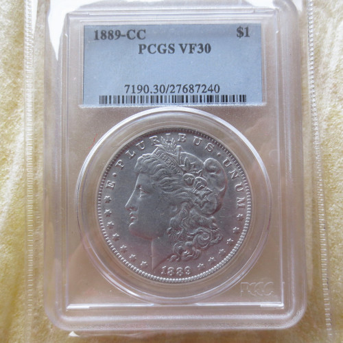 PCGS 1889-CC VF30 $1 Morgan Dollar Coin Transparent Box