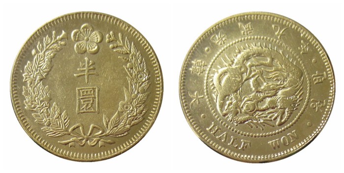 KR33 Great Korea Russian Occupation 20 Won, 6th Year of Gwang Mu Gold Plated Copy Coin