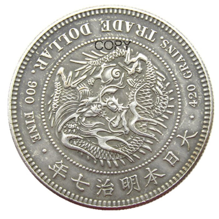 Reproduction Asia Japan Meiji 7 Year Trade Dollar Silver Plated Metal Copy Coins