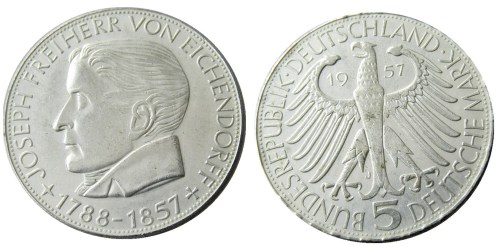 DE(13) GERMANY (Federal Republic) 5 Mark 1957 J Silver Plated Copy Coin
