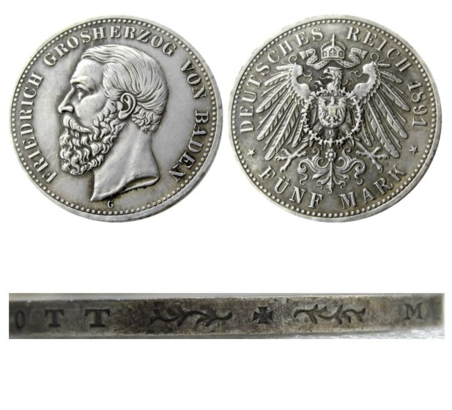 1891 GERMAN STATES BADEN - 5 mark Silver Plated Copy coin