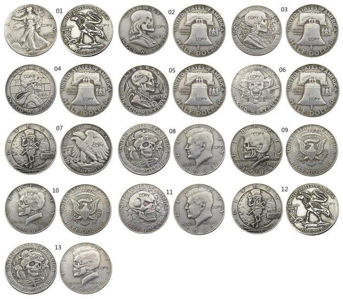 FK(01-13) 13pcs USA Kennedy Half Dollar skull zombie skeleton hand carved Copy Coins