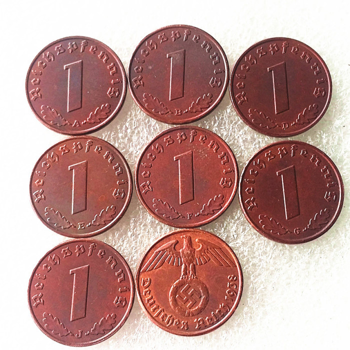 German 1938ABDEFGJ 1 Pfennig 100% Copper Coin Copy