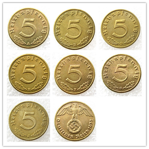 German 1937ABDEFGJ 5Pfennig 100% Brass Coin Copy