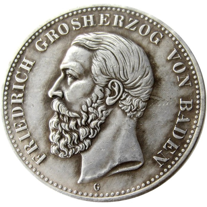 1898 GERMAN STATES BADEN - 5 mark Silver Plated Copy coin