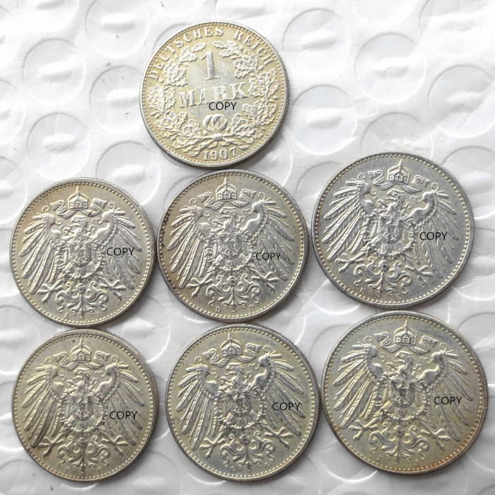 German 1 Mark 1907-ADEFGJ 6pcs Mintmark To Chose Silver Plated Coin Copy