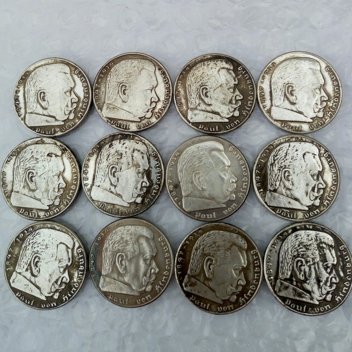 German 5 Reichsmark Hindenburg Eagle A Set Of(1935-1936ADEFGJ) 12PCS Silver Plated Coin Copy