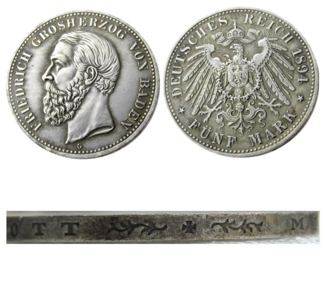 1894 GERMAN STATES BADEN - 5 mark Silver Plated Copy coin